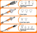 Set of Extend-A-Reach extension pole attachments for removing light bulbs with illustrations of different bulb types: basket changer for standard incandescent bulbs, suction cup for flood lights, suction cup for small spot lights, and broken bulb remover for any size of broken bulb.
