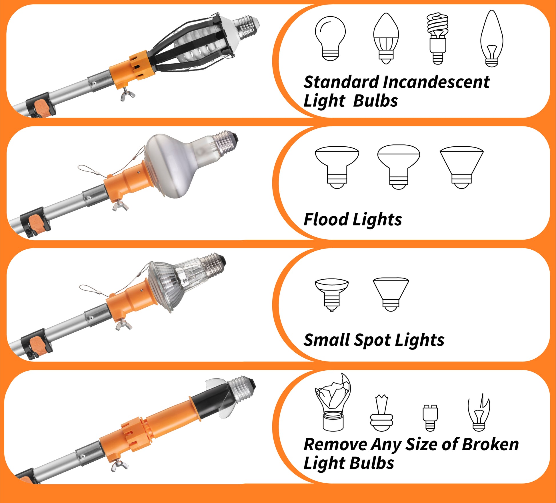 Set of Extend-A-Reach extension pole attachments for removing light bulbs with illustrations of different bulb types: basket changer for standard incandescent bulbs, suction cup for flood lights, suction cup for small spot lights, and broken bulb remover for any size of broken bulb.