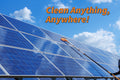 Extend-A-Reach telescopic window washing squeegee and scrubber with long extension pole cleaning large solar panels outdoors under a blue sky. Text on image reads: ‘Clean Anything, Anywhere!