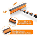 Extend-A-Reach telescopic window squeegee with 14.6 x 3.9 in head for  cleaning. Text: ‘Rubber blade for streakless results, absorbent sponge no dirt left.’