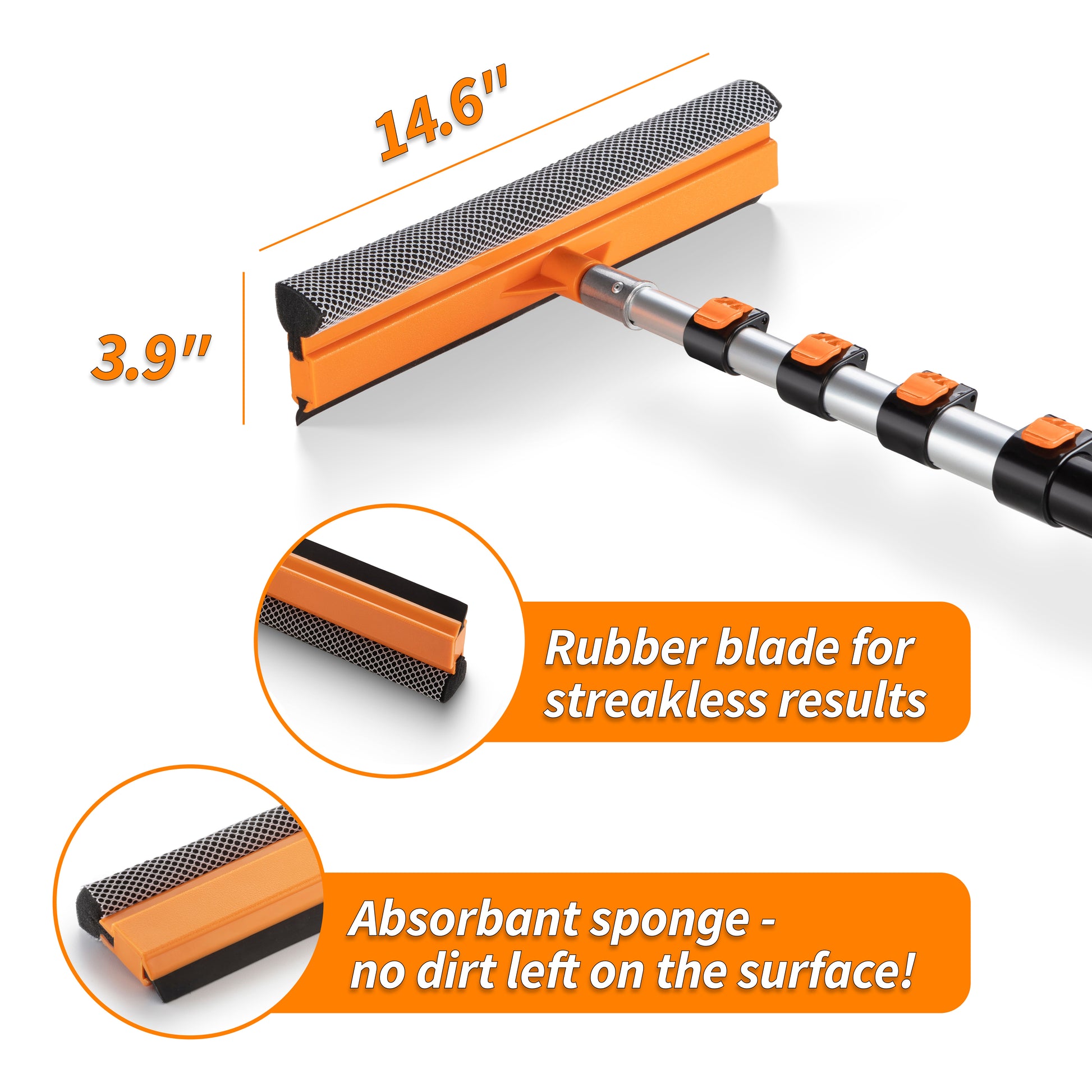 Extend-A-Reach telescopic window squeegee with 14.6 x 3.9 in head for  cleaning. Text: ‘Rubber blade for streakless results, absorbent sponge no dirt left.’