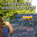 Woman using Extend-A-Reach telescoping pole with orange car window squeegee to clean soapy truck windshield. Text: ‘Streak-Free Window Squeegee’. truck cleaning.