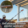 Person using Extend-A-Reach telescoping extension pole with orange window squeegee to clean exterior windows. Inset shows squeegee. Text: ‘The Ultimate Window Washer Squeegee’.