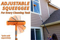 Extend-A-Reach adjustable telescopic window squeegee cleaning a glass balcony panel. Dual-head rotates for multiple angles. Text: ‘Adjustable Squeegee – For Every Cleaning Task’