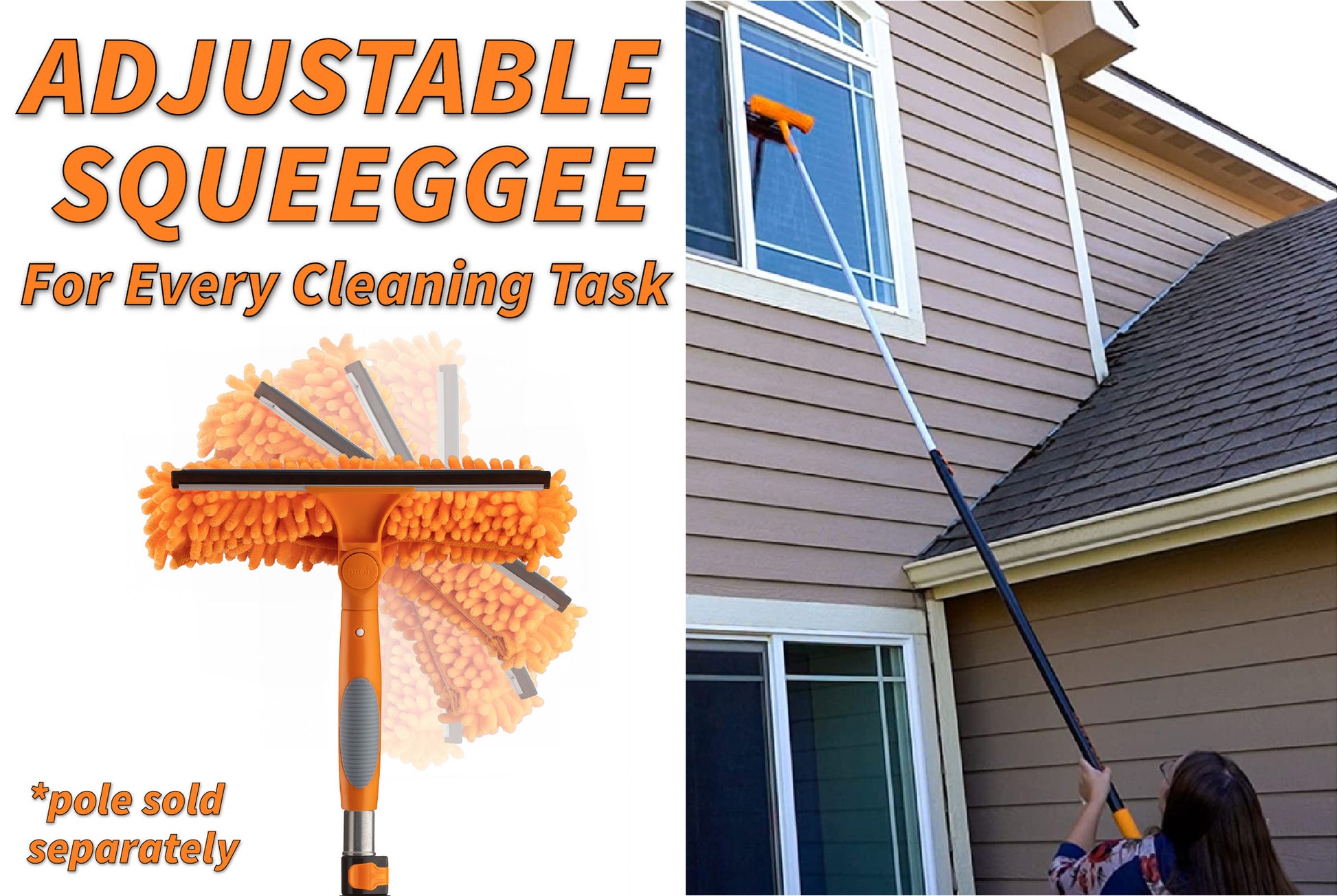 Extend-A-Reach adjustable telescopic window squeegee cleaning a glass balcony panel. Dual-head rotates for multiple angles. Text: ‘Adjustable Squeegee – For Every Cleaning Task’