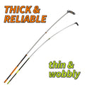 Comparison of two telescoping poles with utility hooks: the Extend-A-Reach Christmas light pole remains stable and straight while fully extended, while the competitor's pole bends and appears wobbly. Labels read “Thick & Reliable” for Extend-A-Reach and “Thin & Wobbly” for the competitor