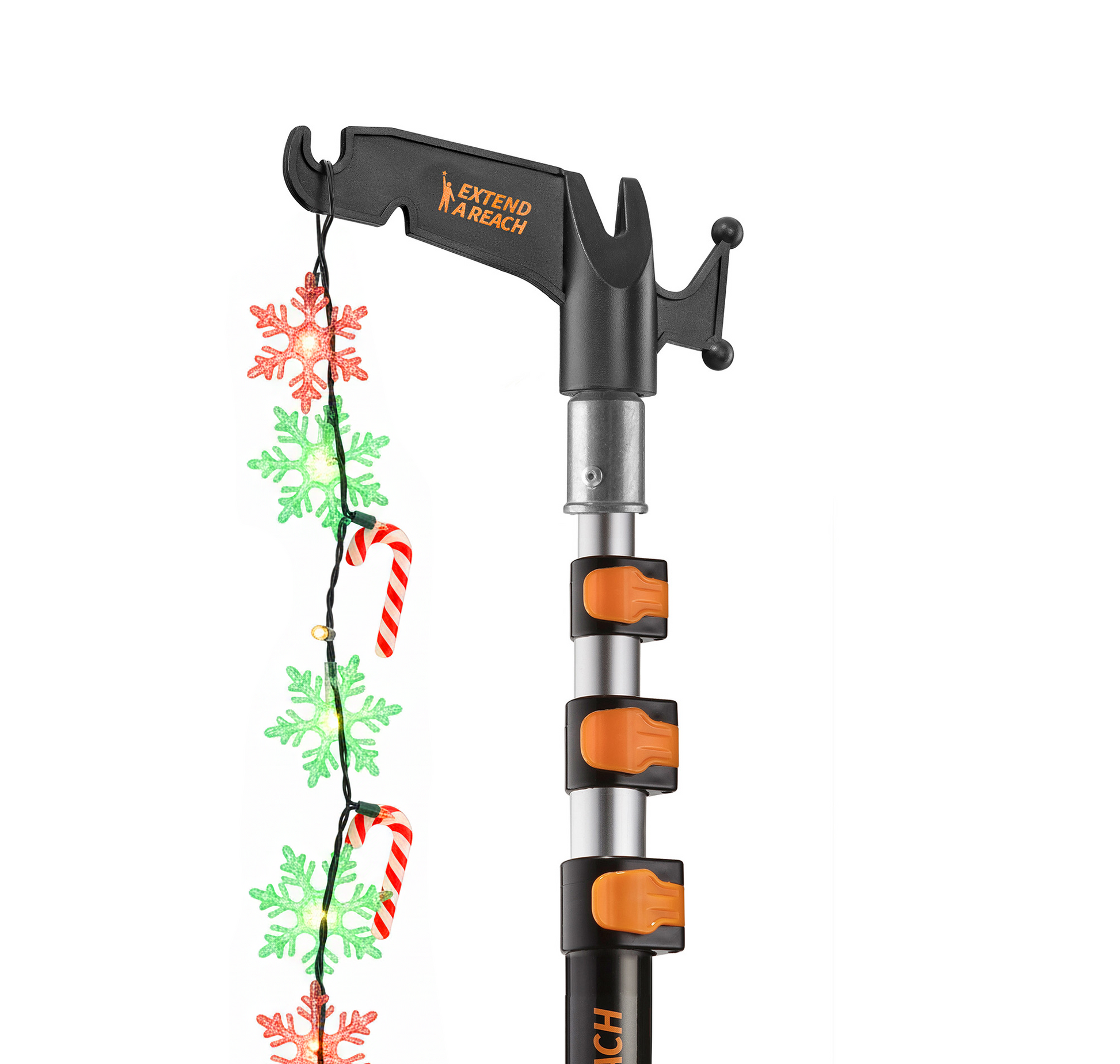 Extend-A-Reach 12ft telescopic pole with utility hook, used to hang multicolor Christmas string lights safely from the ground 