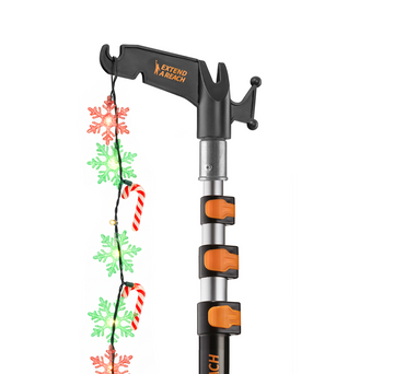 Extend-A-Reach 12ft telescopic pole with utility hook, used to hang multicolor Christmas string lights safely from the ground 