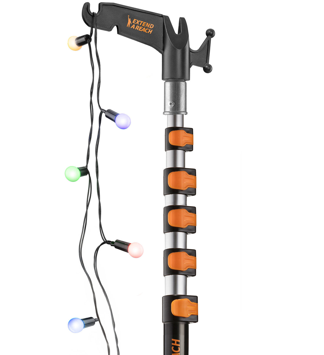 Extend-A-Reach 24ft telescopic pole with utility hook, used to hang multicolor Christmas string lights safely from the ground 