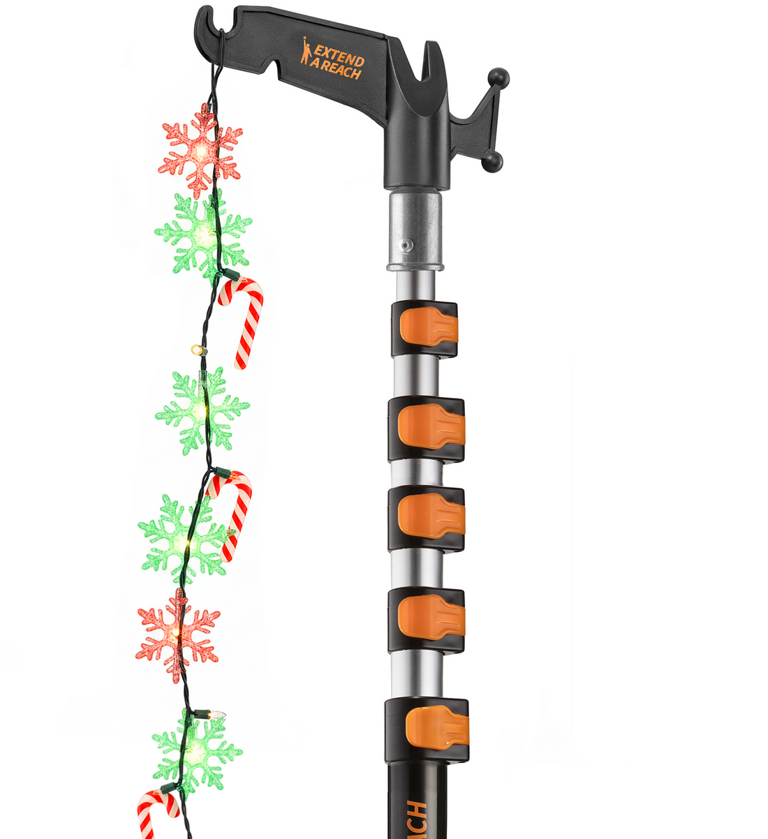Extend-A-Reach 24ft telescopic pole with utility hook, used to hang multicolor Christmas string lights safely from the ground 