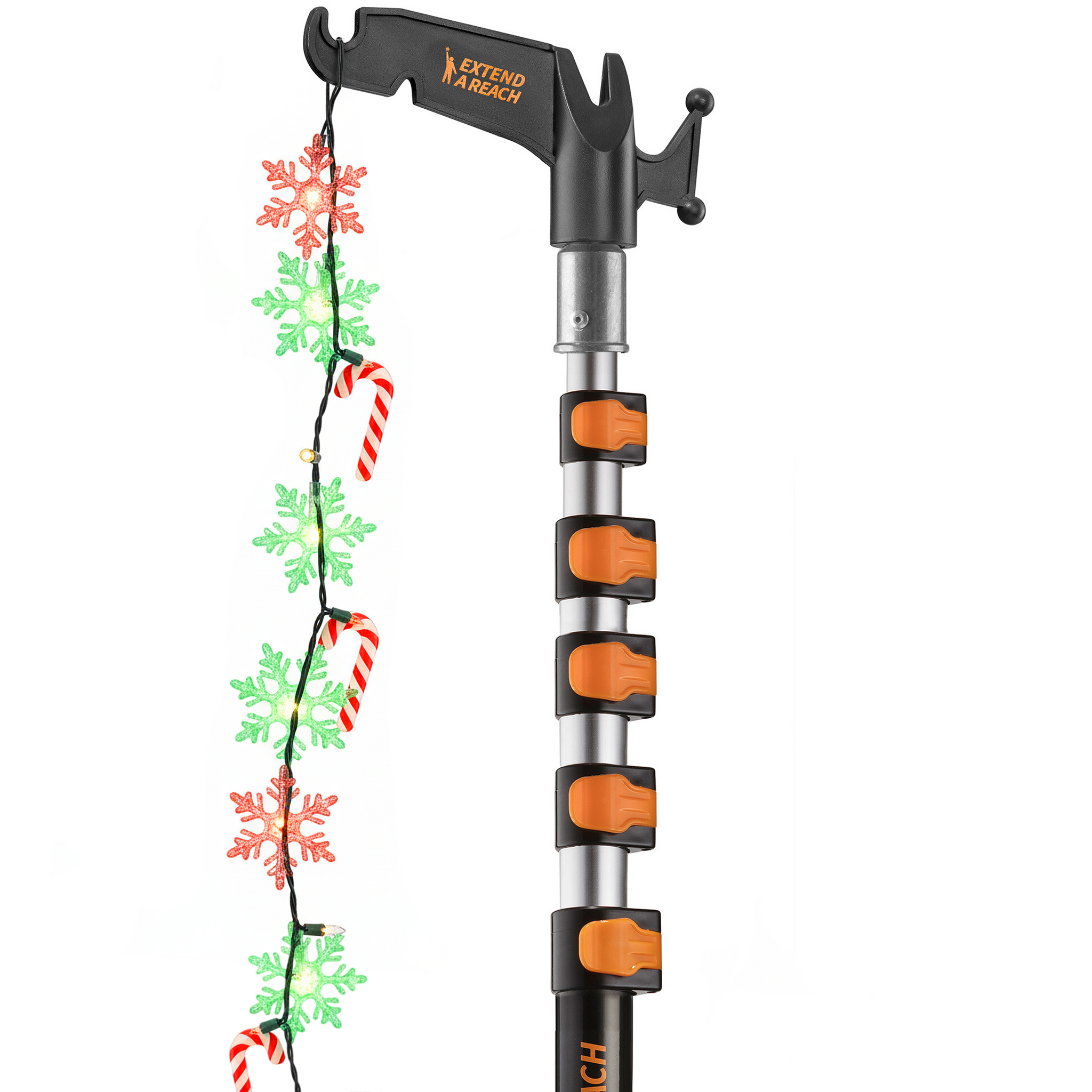 Extend-A-Reach 24ft telescopic pole with utility hook, used to hang multicolor Christmas string lights safely from the ground 