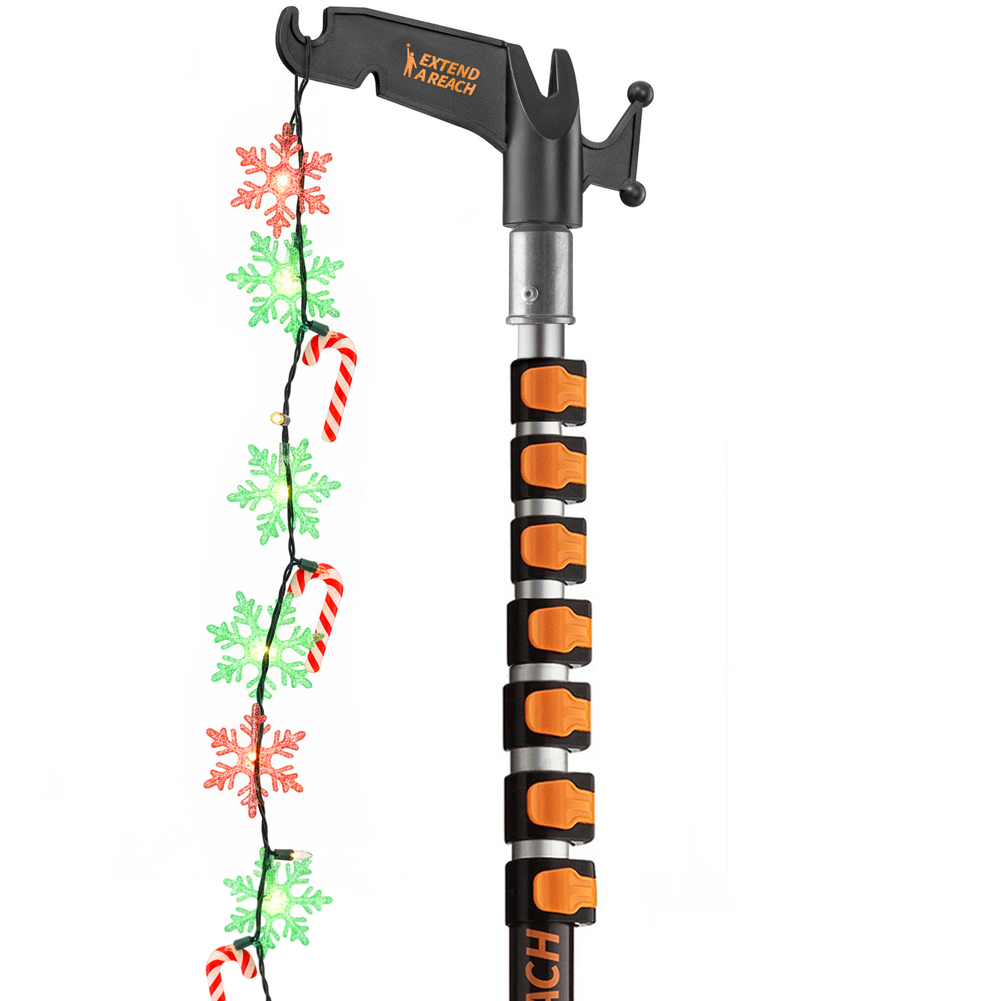 Extend-A-Reach 30ft telescopic pole with utility hook, used to hang multicolor Christmas string lights safely from the ground 
