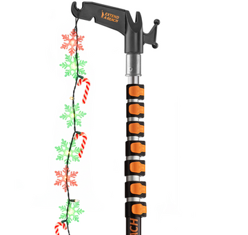 Extend-A-Reach 30ft telescopic pole with utility hook, used to hang multicolor Christmas string lights safely from the ground 