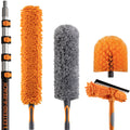 High Reach Duster Kit by Extend-A-Reach, featuring a 18 ft telescopic extension pole with attachments including a cobweb duster, microfiber duster, and scrub brush – designed for dusting high ceilings and outdoor cleaning