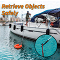 Sailor using an Extend-A-Reach telescoping boat hook pole to retrieve a floating life ring from the water beside a sailboat. The extendable docking pole ensures safe retrieval of objects, with an inset close-up showing the strong aluminum pole and hook attachment. Text on image reads: ‘Retrieve Objects Safely.’