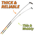 Comparison of two telescoping boat hook poles: Extend-A-Reach thick and reliable docking pole with orange grip versus a thin and wobbly competitor pole. 