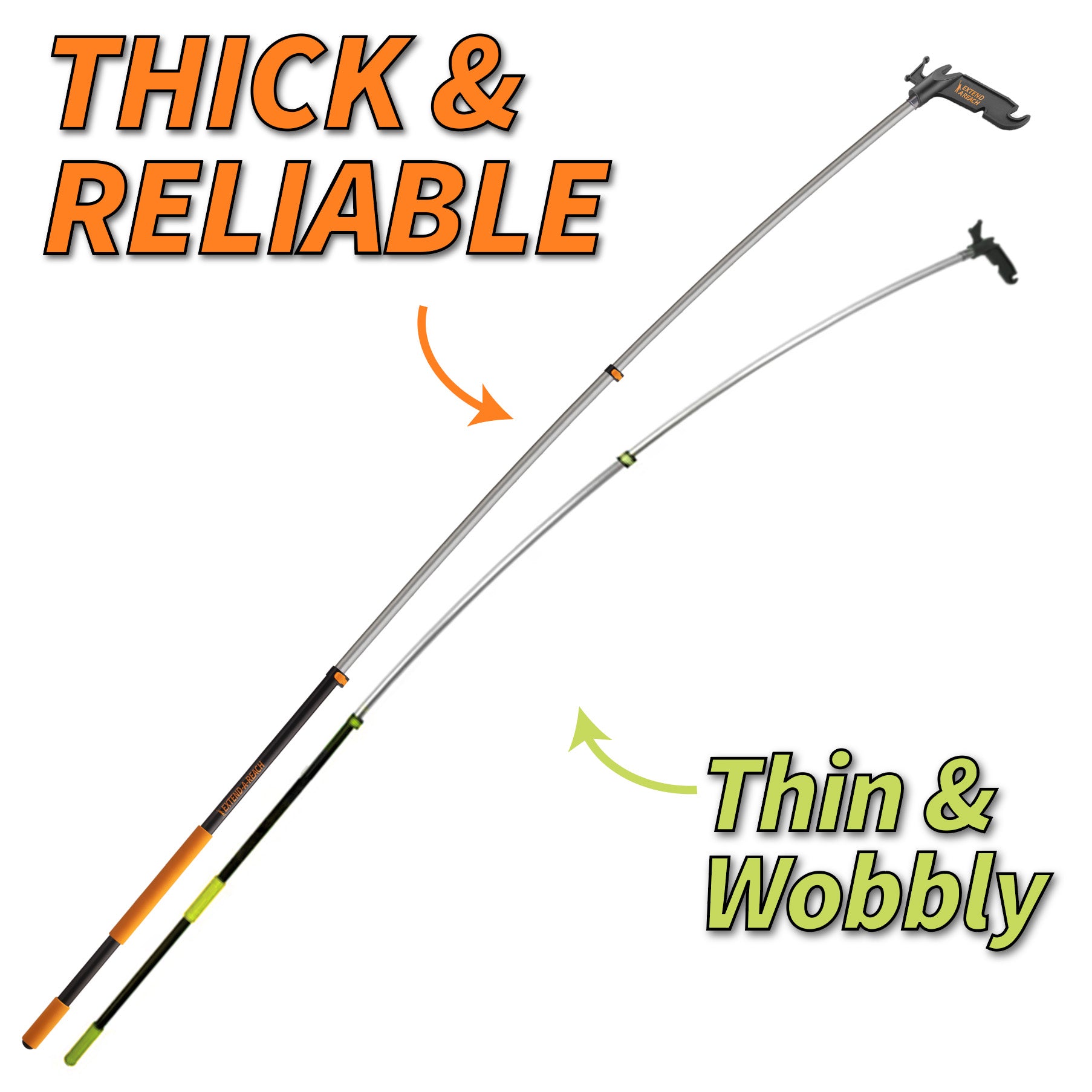 Comparison of two telescoping boat hook poles: Extend-A-Reach thick and reliable docking pole with orange grip versus a thin and wobbly competitor pole. 