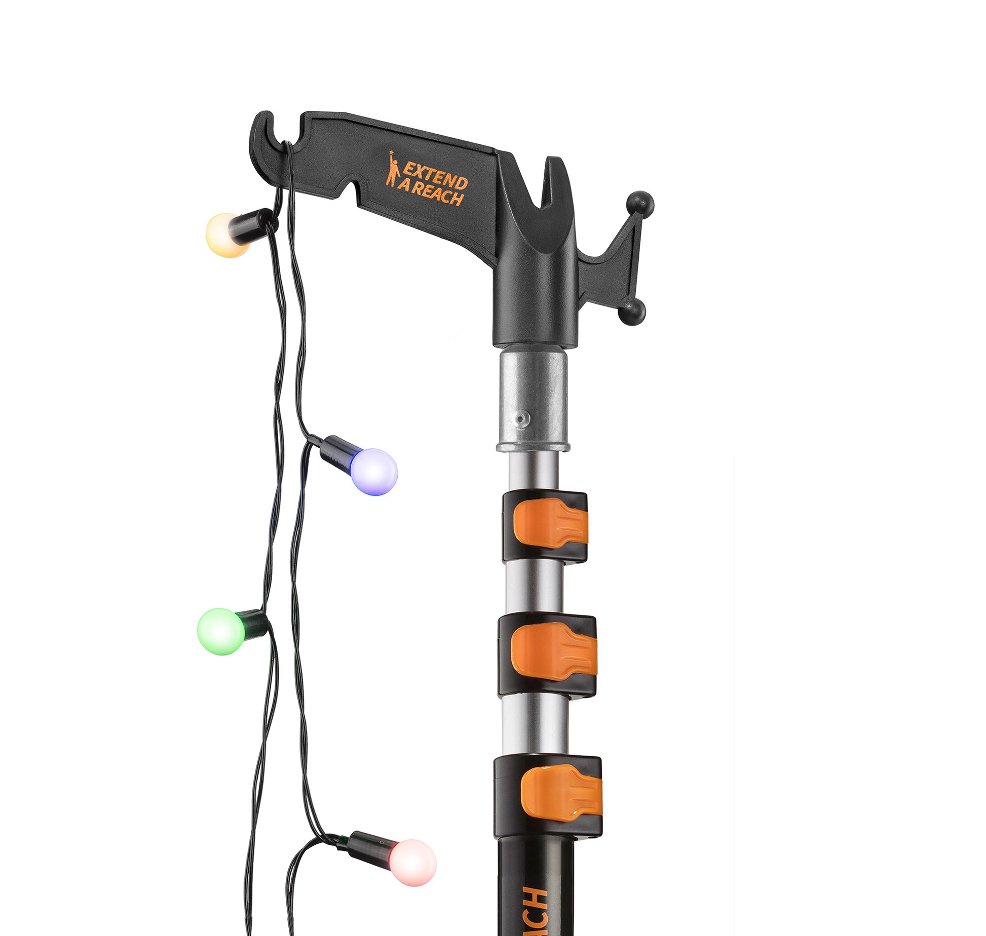Extend-A-Reach 12ft telescopic pole with utility hook, used to hang multicolor Christmas string lights safely from the ground 