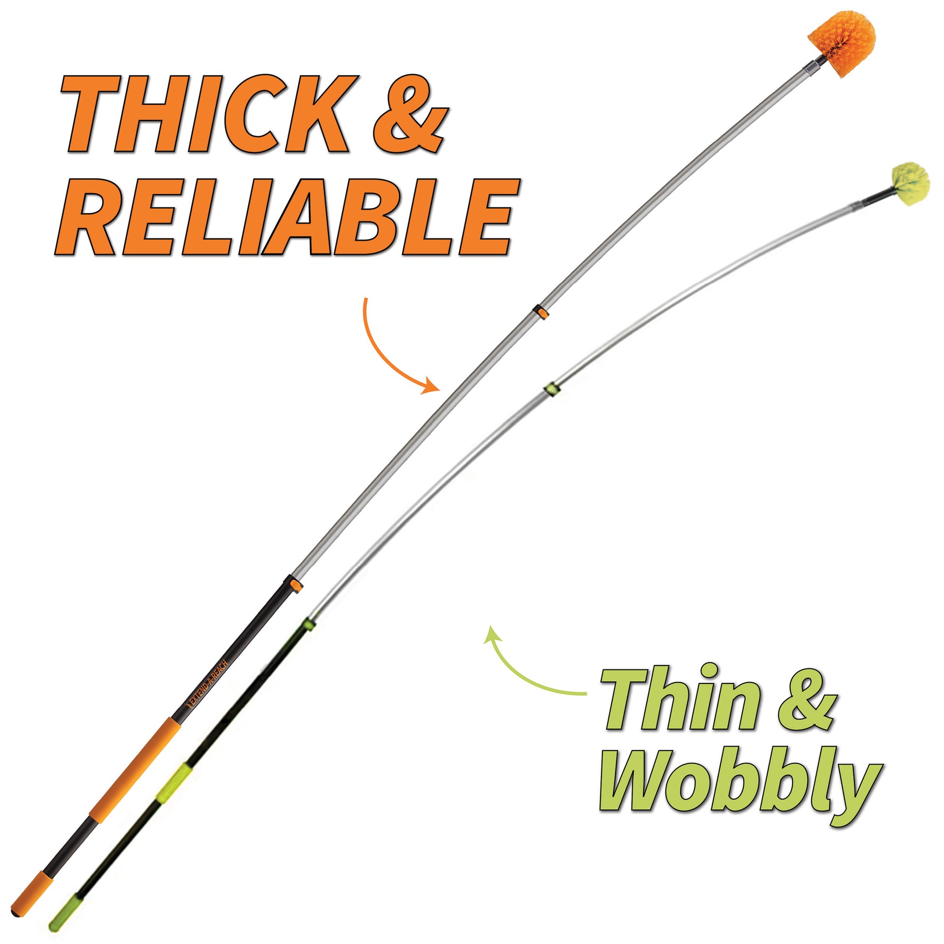 Extend-A-Reach 18 ft telescoping extension pole shown as thick and reliable compared to thin and wobbly alternatives
