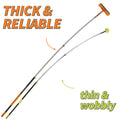 Comparison image showing Extend-A-Reach telescoping window squeegee pole on the left labeled ‘Thick & Reliable,’ built with sturdy construction for high window cleaning, versus a thinner competitor’s pole on the right labeled ‘Thin & Wobbly,’ shown bending at full extension