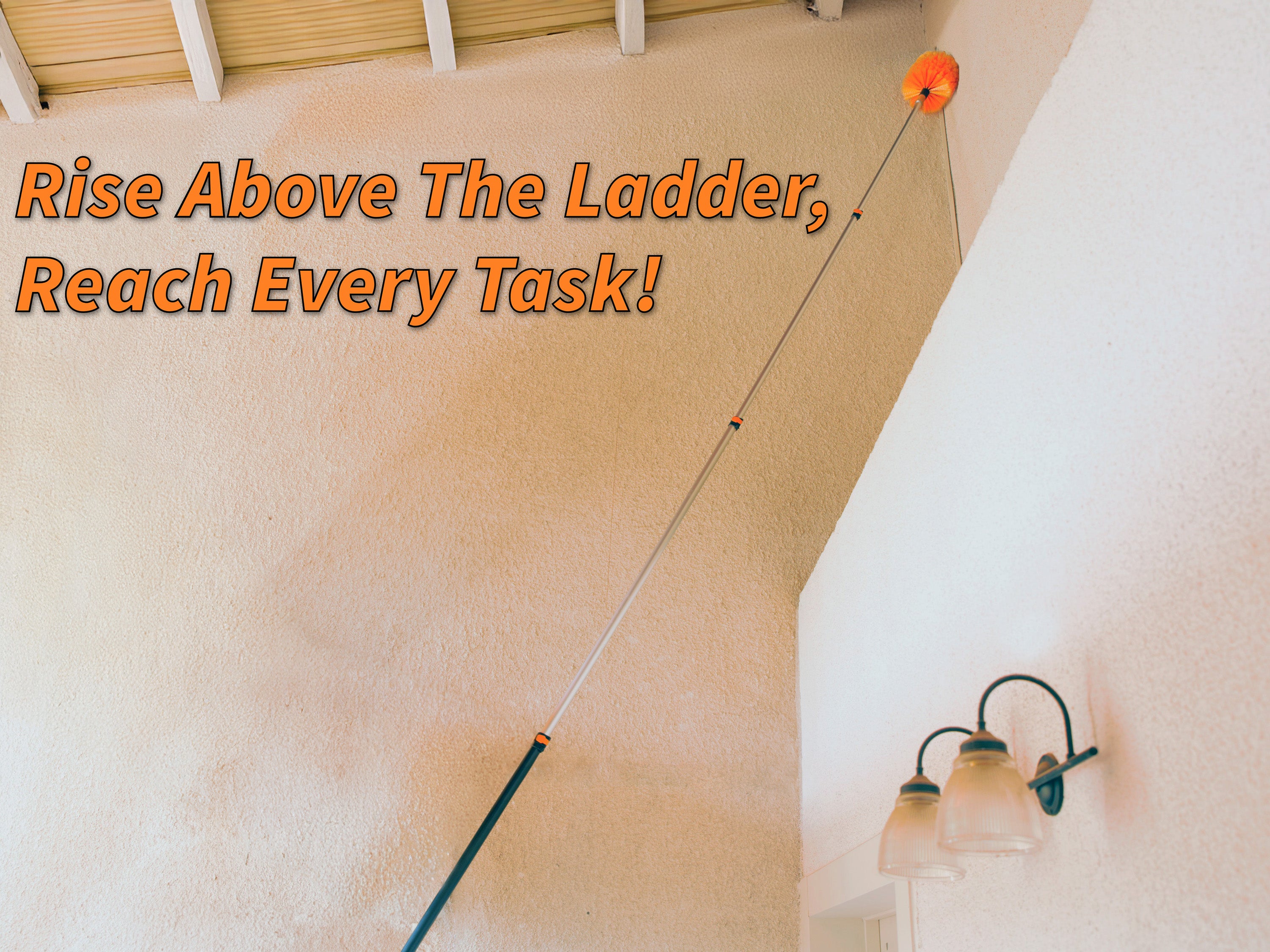 Extend-A-Reach telescoping extension pole with round cobweb duster attachment cleaning high outdoor corners and hard-to-reach areas near the ceiling. Text on image reads: 
