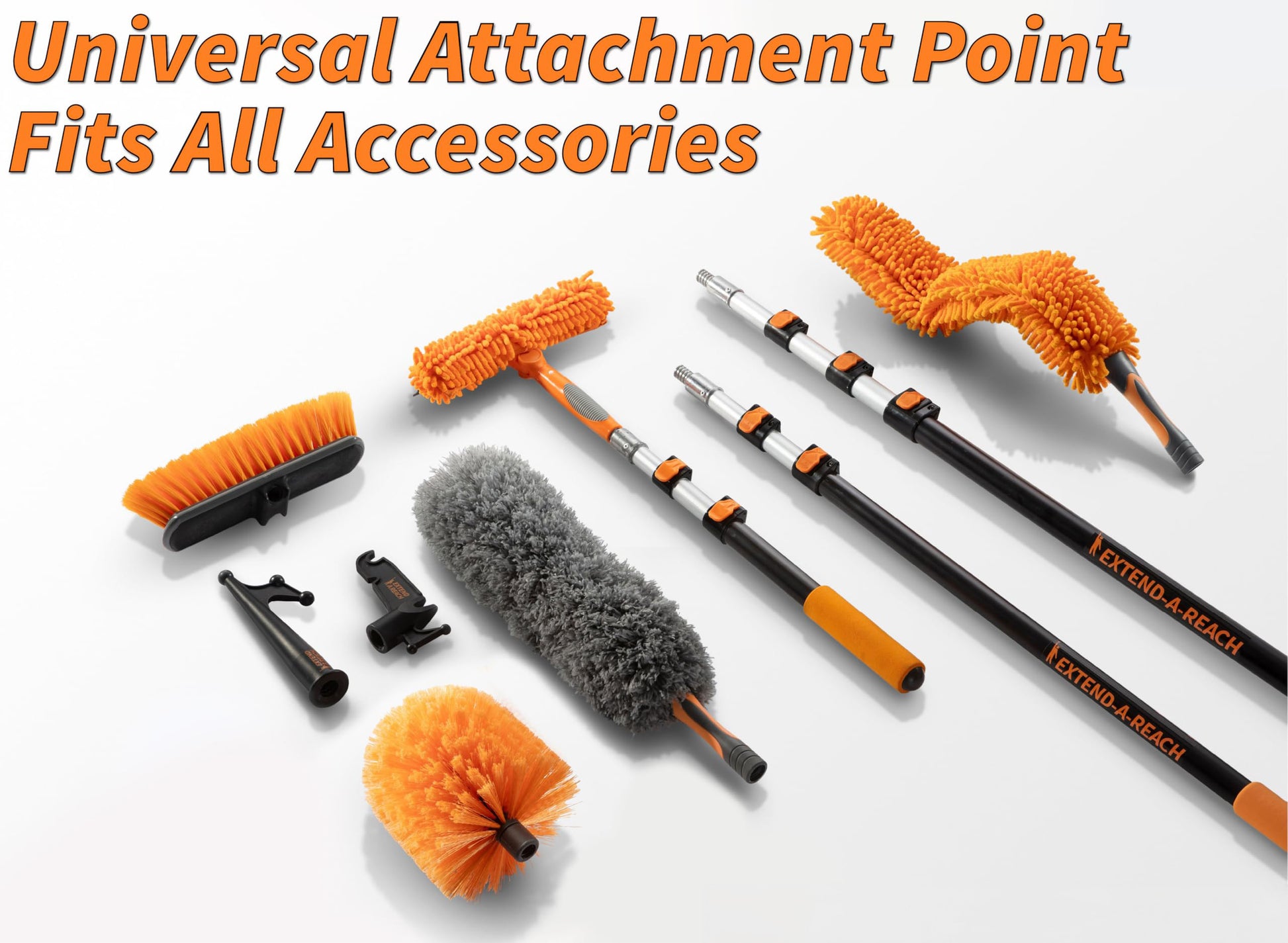 Extend-A-Reach universal telescopic extension pole system with multiple attachments including scrub brush, cobweb duster, feather duster, window squeegee, boat hook, and utility hook. Text on image reads: ‘Universal Attachment Point Fits All Accessories