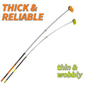 Comparison image showing Extend-A-Reach telescoping extension pole on the left labeled ‘Thick & Reliable,’ featuring sturdy construction for high-reach exterior cleaning tasks such as siding, windows, gutters, and roofs, versus a thinner competitor’s pole on the right labeled ‘Thin & Wobbly,’ shown bending when fully extended