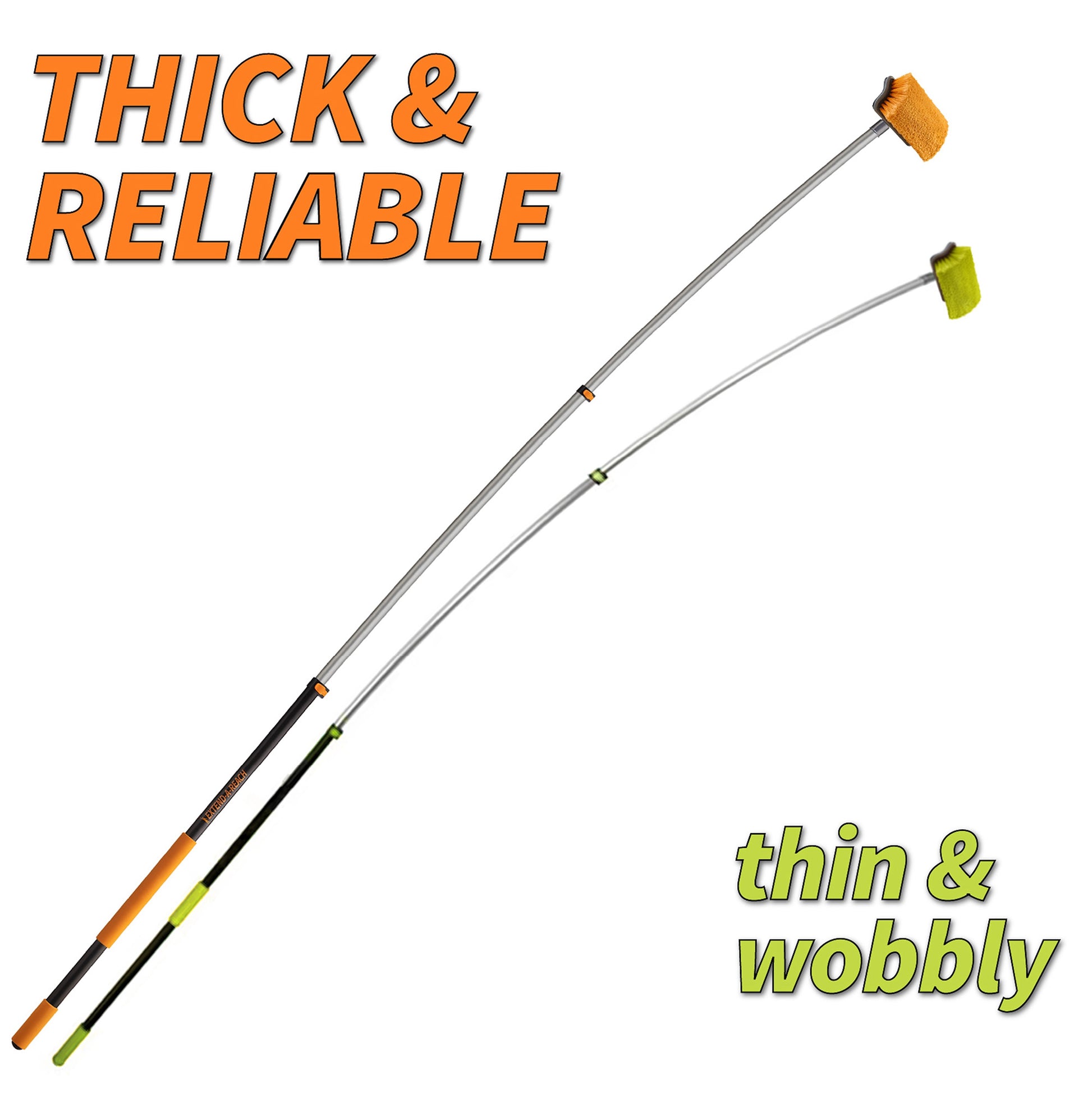 Comparison image showing Extend-A-Reach telescoping extension pole on the left labeled ‘Thick & Reliable,’ featuring sturdy construction for high-reach exterior cleaning tasks such as siding, windows, gutters, and roofs, versus a thinner competitor’s pole on the right labeled ‘Thin & Wobbly,’ shown bending when fully extended