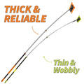 Extend-A-Reach snow rake with sturdy telescoping pole shown as ‘Thick & Reliable,’ compared to a competitor’s bending pole labeled ‘Thin & Wobbly’.