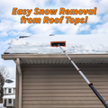 Extend-A-Reach snow roof rake with extension pole clearing snow from roof. Text: ‘Easy Snow Removal from Roof Tops!’ Also works as snow broom for solar panels.