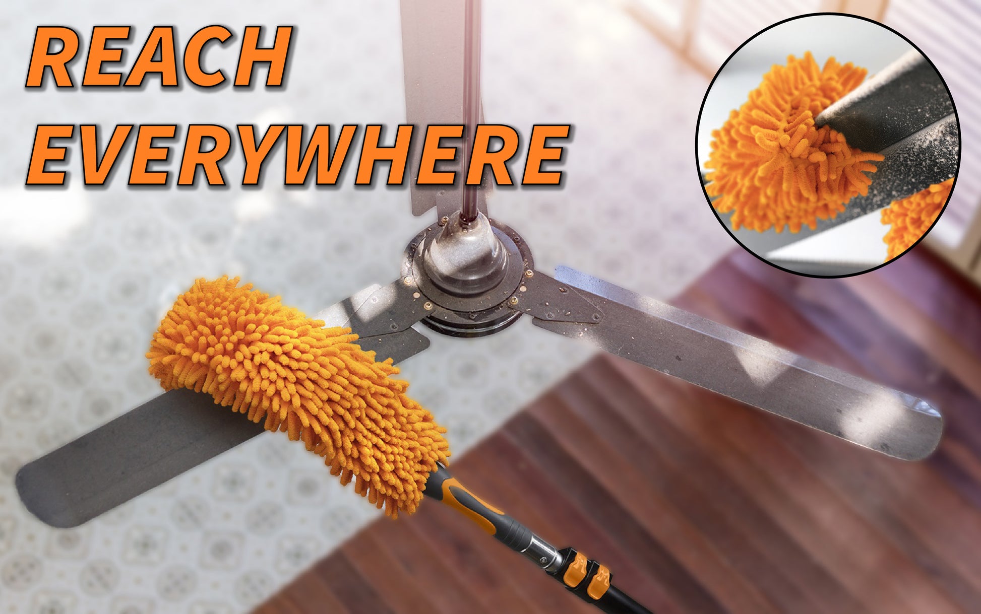 Extend-A-Reach 18 ft extendable pole with ceiling fan duster attachment reaching ceiling fans and high surfaces