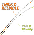 Comparison image showing Extend-A-Reach telescoping light bulb changer pole on the left labeled ‘Thick & Reliable,’ built with a sturdy design for safe high ceiling light bulb replacement, versus a thinner competitor’s extension pole on the right labeled ‘Thin & Wobbly,’ shown bending due to its weak and unstable construction