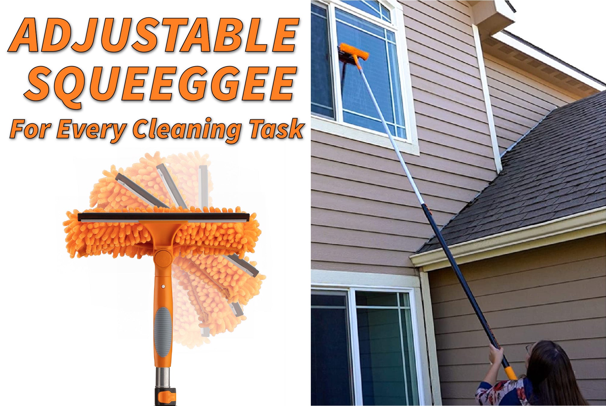 Extend-A-Reach adjustable window squeegee and scrubber with telescoping extension pole, shown cleaning a second-story window. Dual-head design rotates for multiple cleaning angles. Text on image reads: ‘Adjustable Squeegee – For Every Cleaning Task.