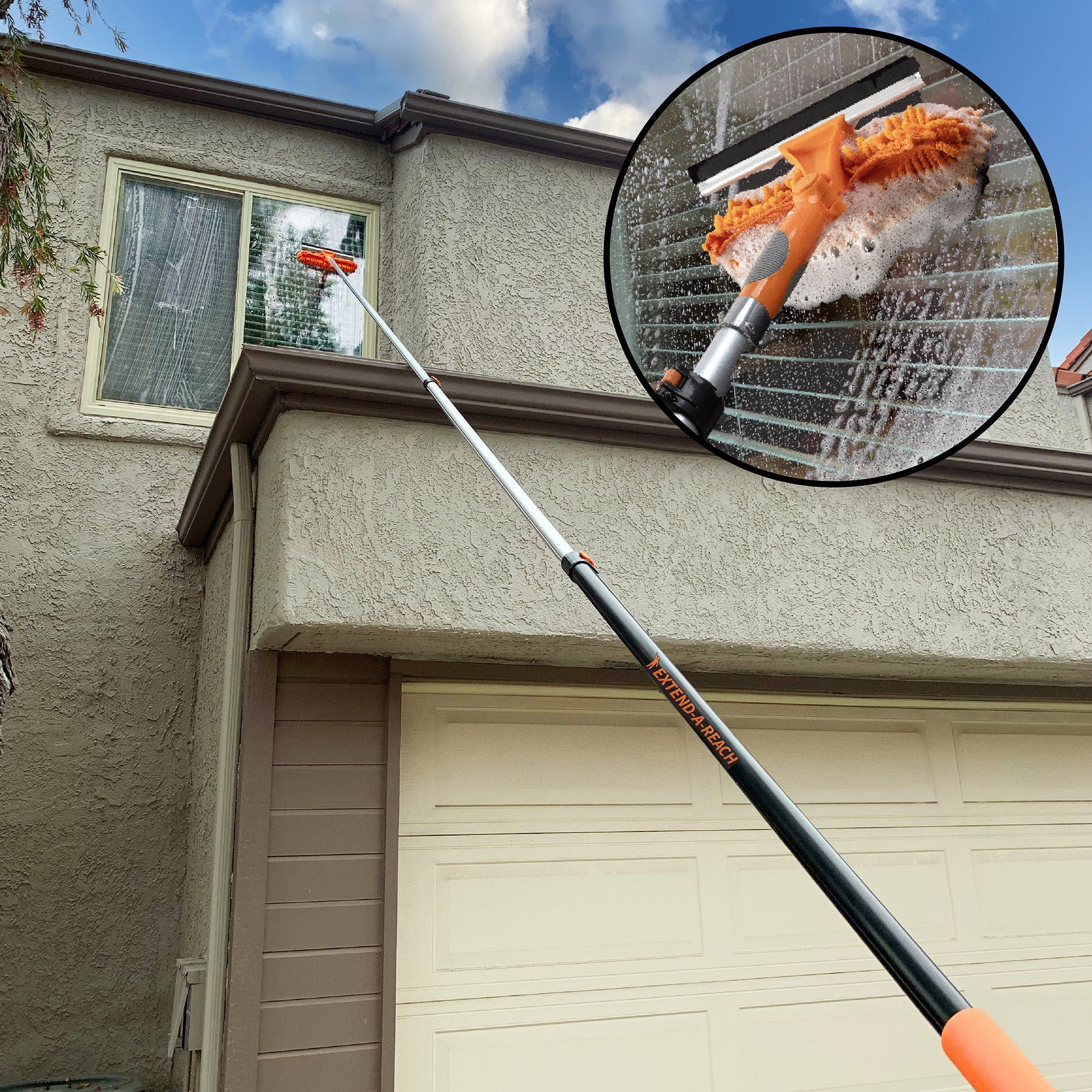 Extend-A-Reach telescoping window washing squeegee and scrubber with long extension pole cleaning a second-story exterior window. Inset shows close-up of the dual-head design with microfiber scrubber removing soap and dirt